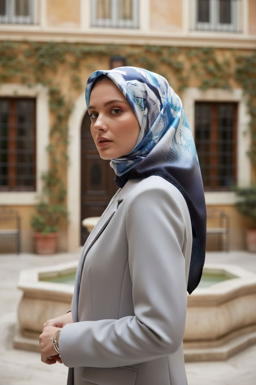 %100 Twill İpek Suluboya Çiçek Desenli Lacivert - İndigo Renkli 90x90 Eşarp Dikim Şekli : El Dikişi