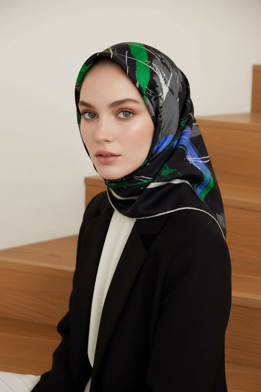 %100 Twill İpek Geometrik Desenli Saks - Zümrüt Yeşili Renkli 90x90 Eşarp Dikim Şekli : El Dikişi