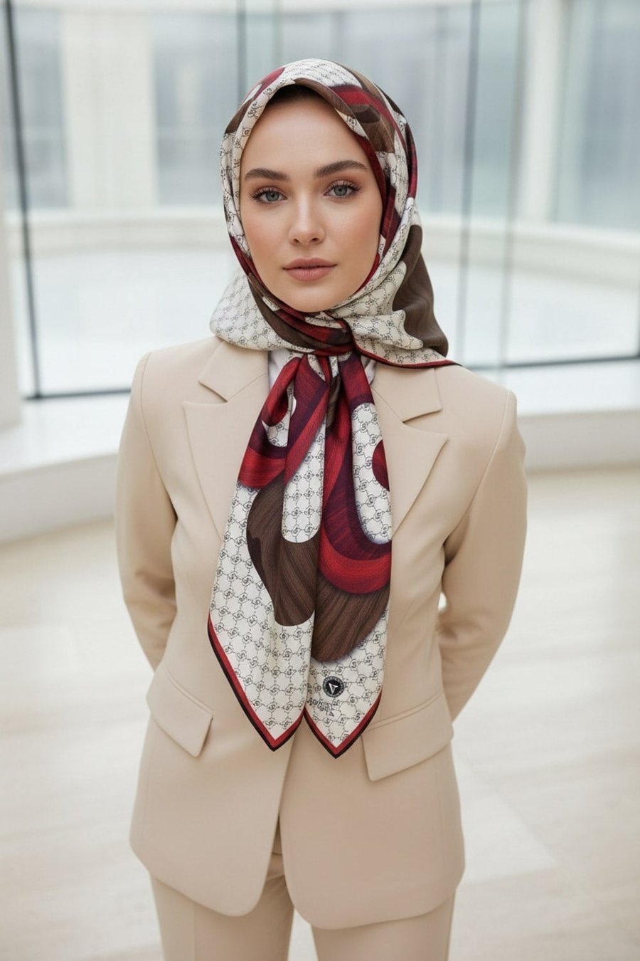 100% Twill Geometrik Halka Desenli Bordo - Vizon Renkli 90x90 Dikim Şekli : El Dikişi Eşarp
