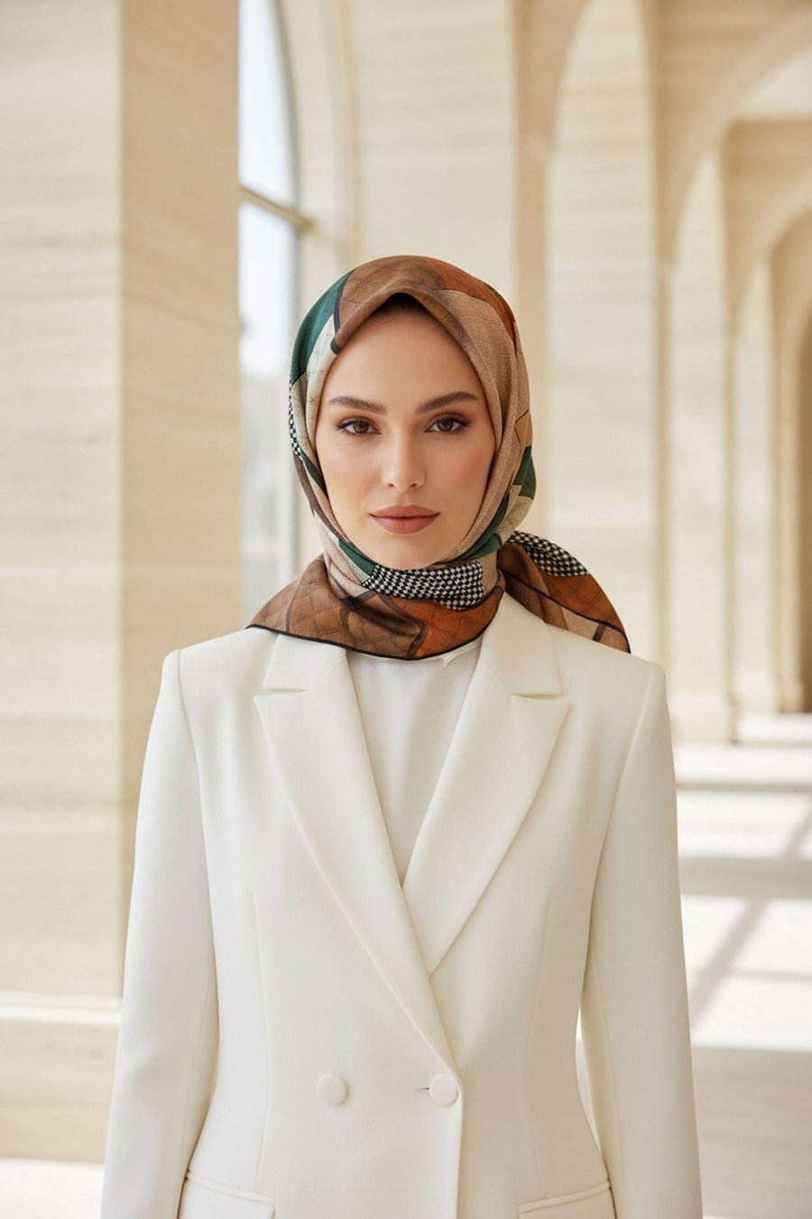 %100 Twill İpek Kazayaklı Ve Geometrik Desenli Somon - Petrol Yeşili Renkli 90x90 Eşarp Dikim Şekli : El Dikişi