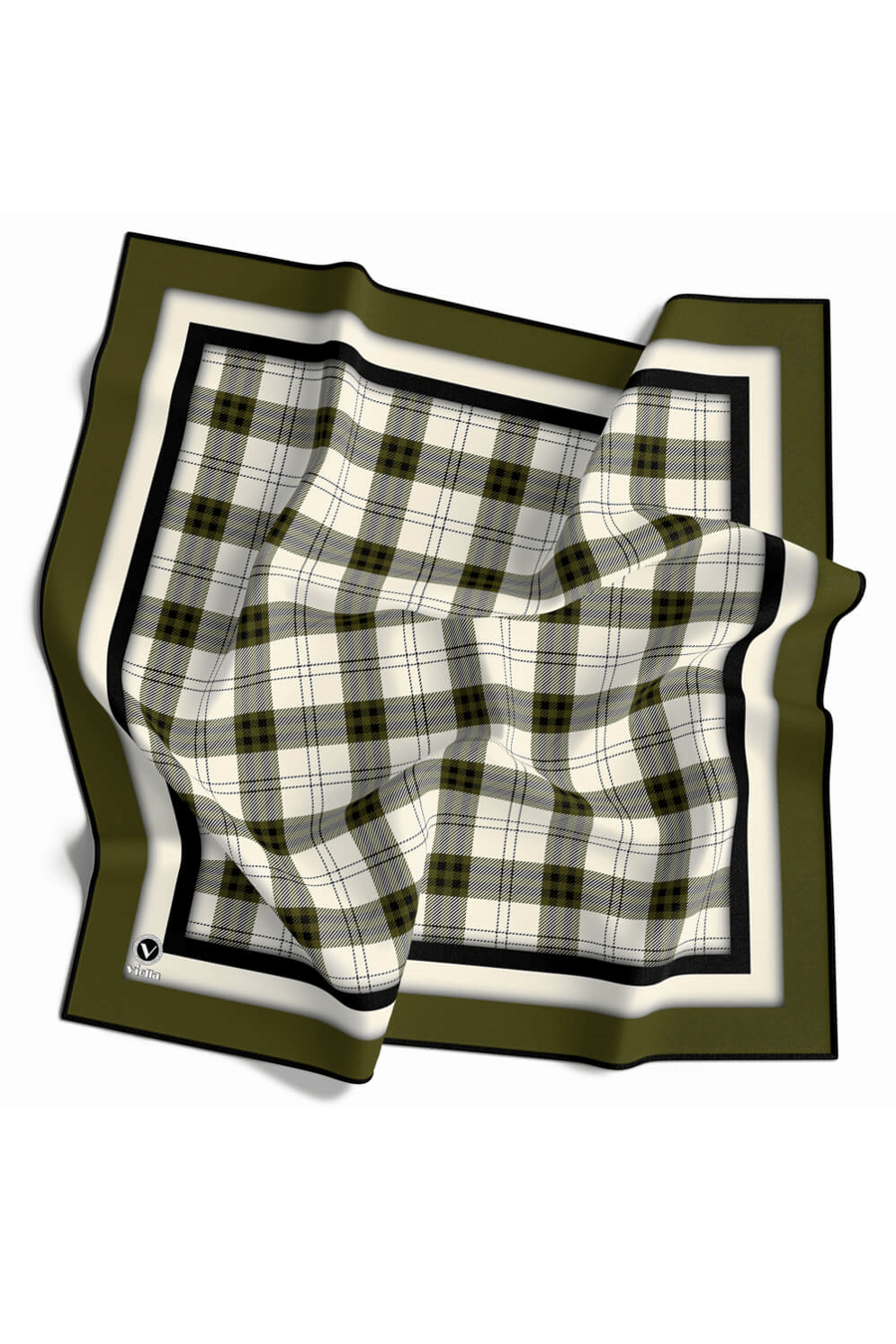 Twill Ekose Desenli Haki Renkli 90x90 Eşarp (İpek İçermez) Kenar Dikiş Şekli El Dikişli