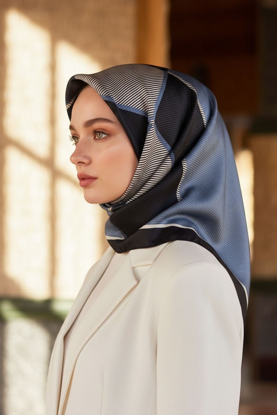 %100 Twill İpek Geometrik Desenli İndigo Renkli 90x90 Eşarp Dikim Şekli : El Dikişi