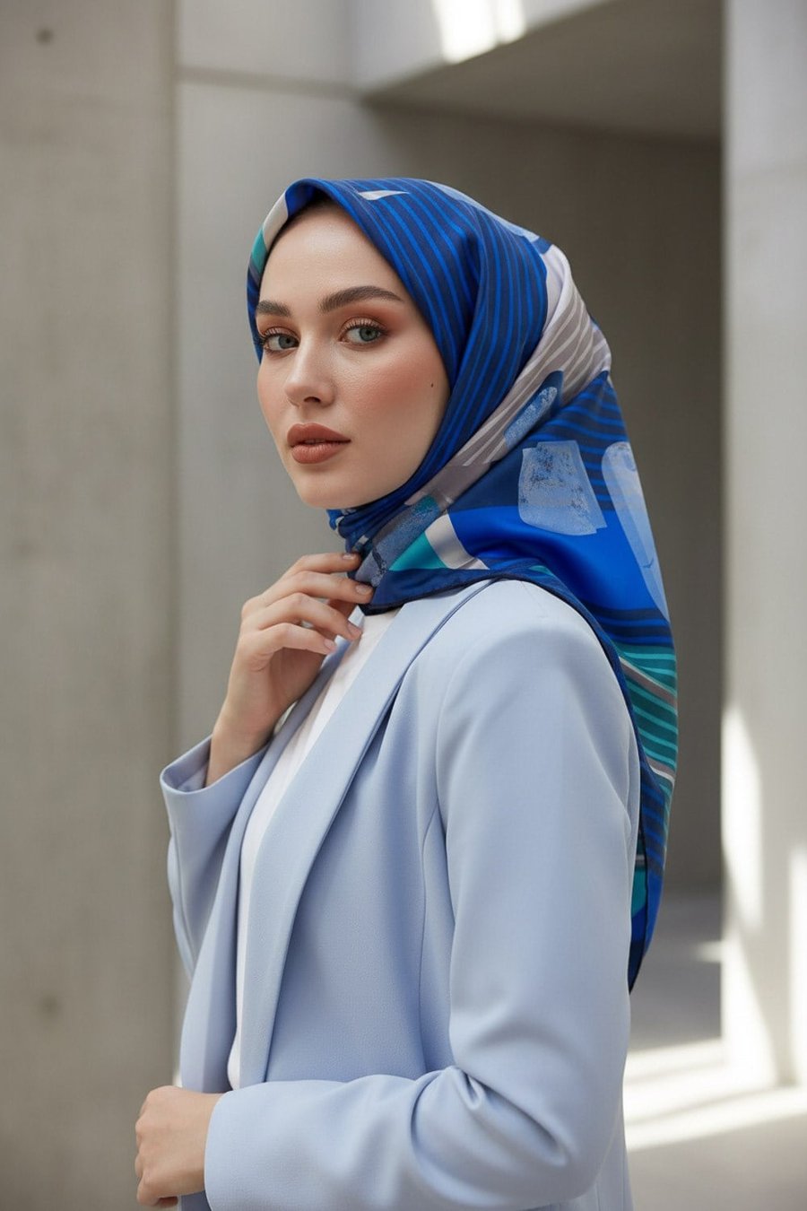 %100 Twill İpek Geometrik Desenli Saks - Mint Yeşili Renkli 90x90 Eşarp Dikim Şekli : El Dikişi