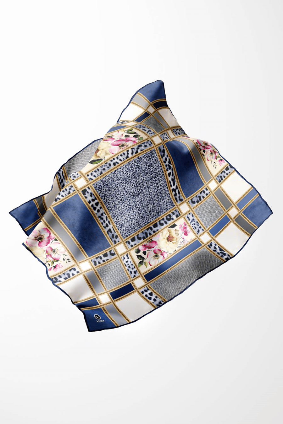 Twill Leopar ve Çiçek Desenli İndigo - Gri Renkli 90x90 Eşarp (İpek İçermez) Dikim Şekli : El Dikişi