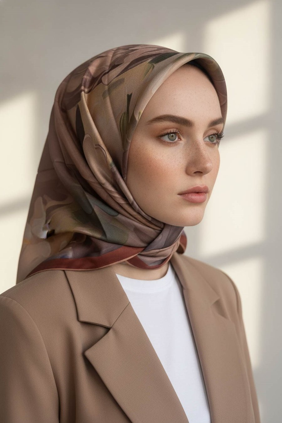 %100 Twill İpek Dumanlı Çiçek Desenli Taba Renkli 90x90 Eşarp Kenar Dikiş Şekli El Dikişli