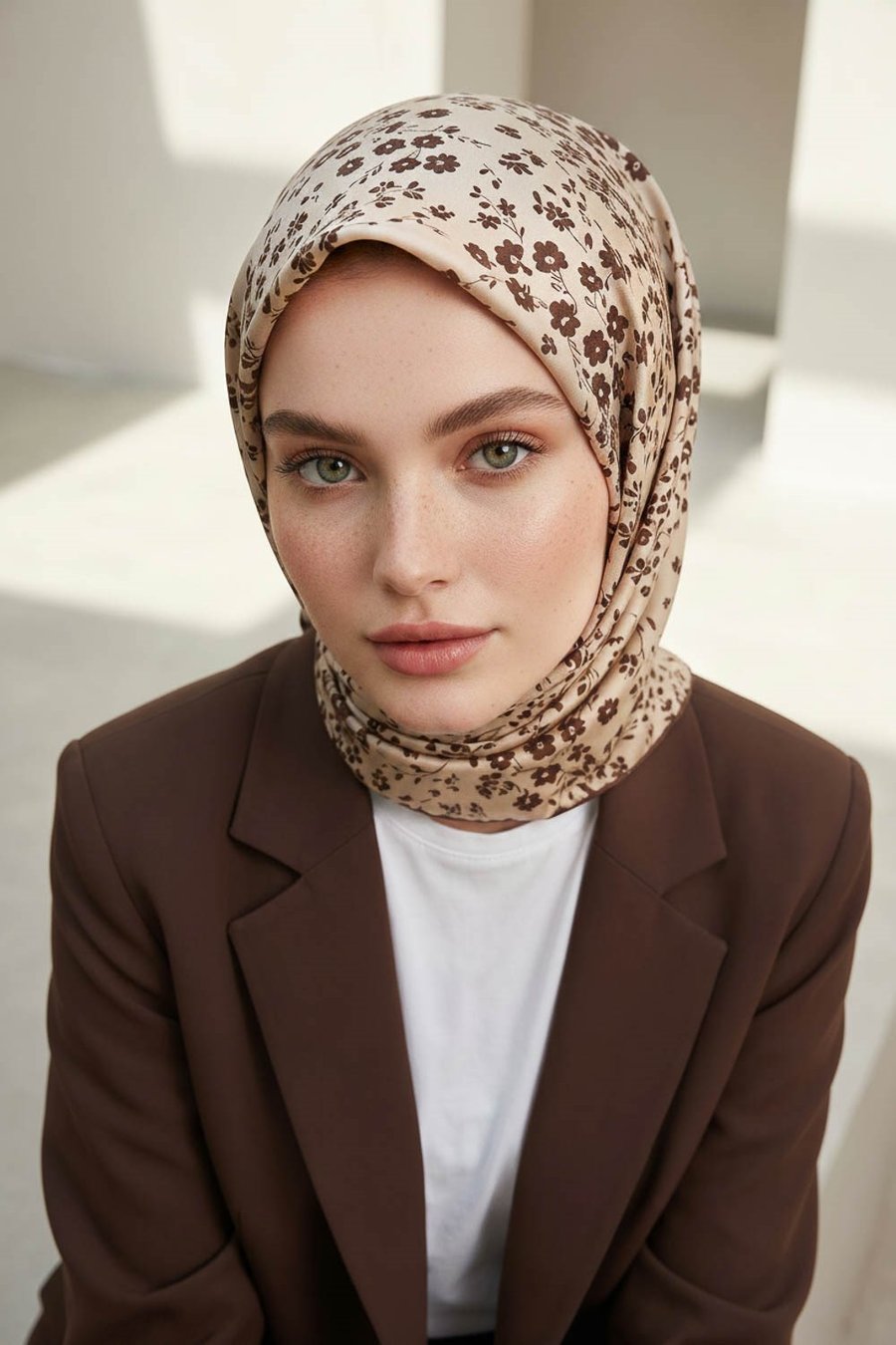 %100 Twill İpek Çıtır Çiçek Desenli Bej - Kahverengi Renkli 90x90 Eşarp Dikim Şekli : El Dikişi