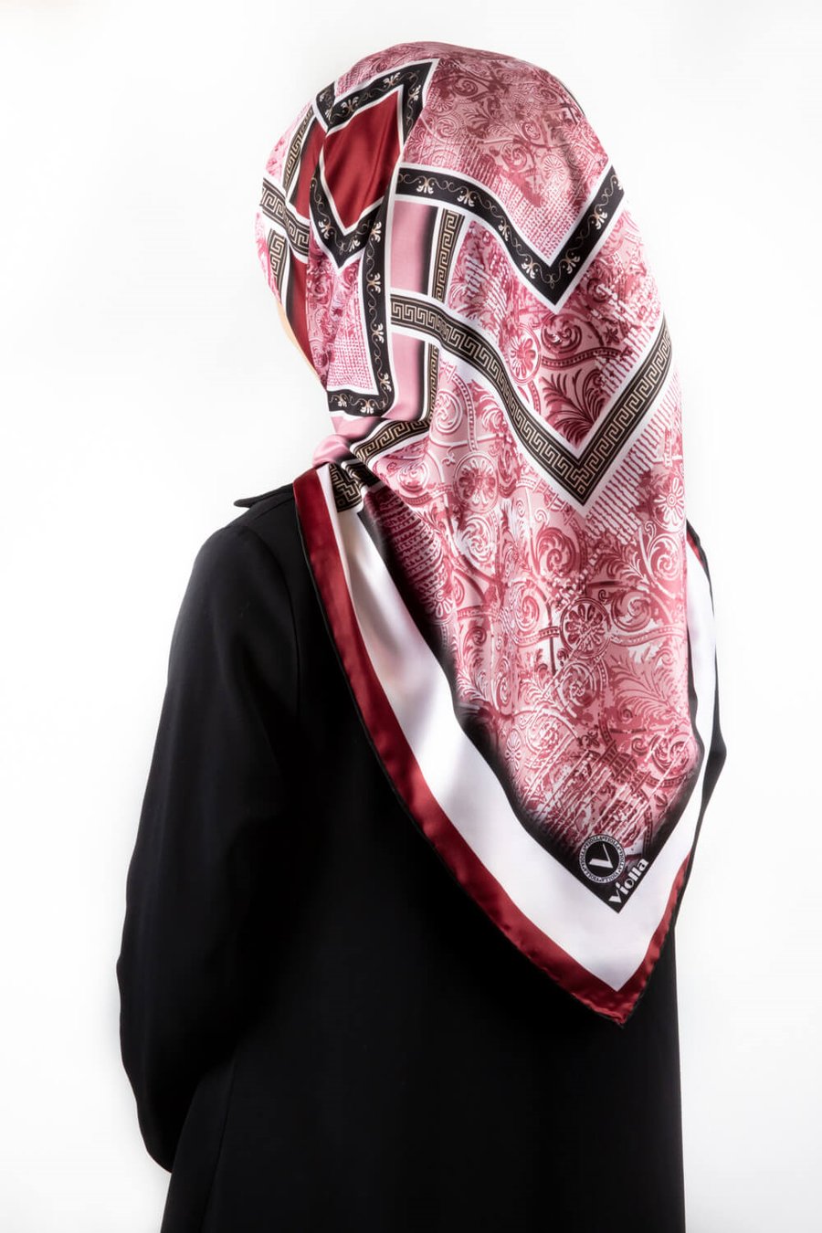 Twill Geometrik Desenli Bordo Renkli 90x90 Eşarp (İpek İçermez) Kenar Dikiş Şekli El Dikişli