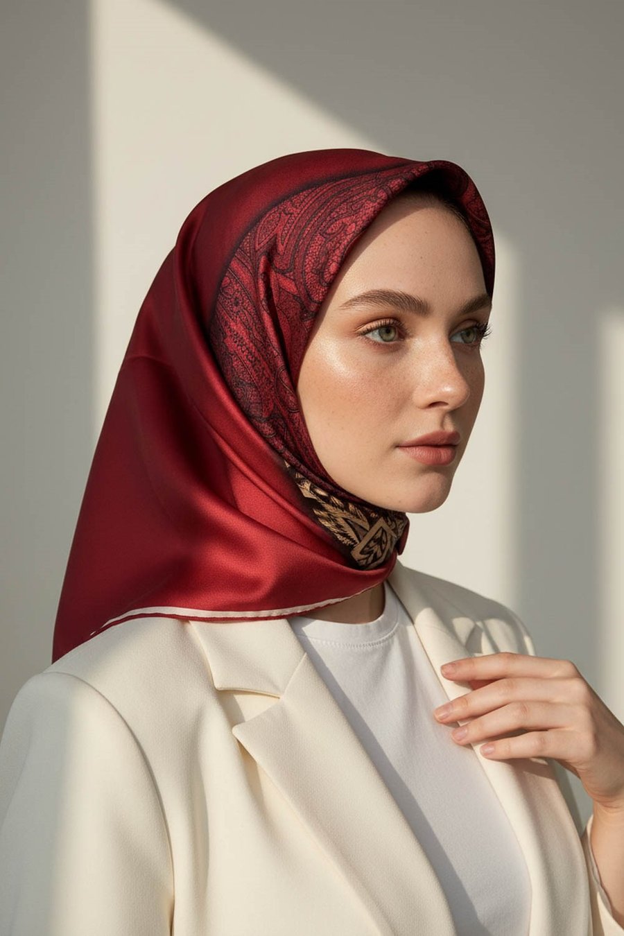 % 57 İPEK % 43 VİSKON Twill İpek Kazayaklı Ekoseli Leoparlı Ve Şal Desenli Bordo - Bej Renkli 90x90 Eşarp Dikim Şekli : El Dikişi