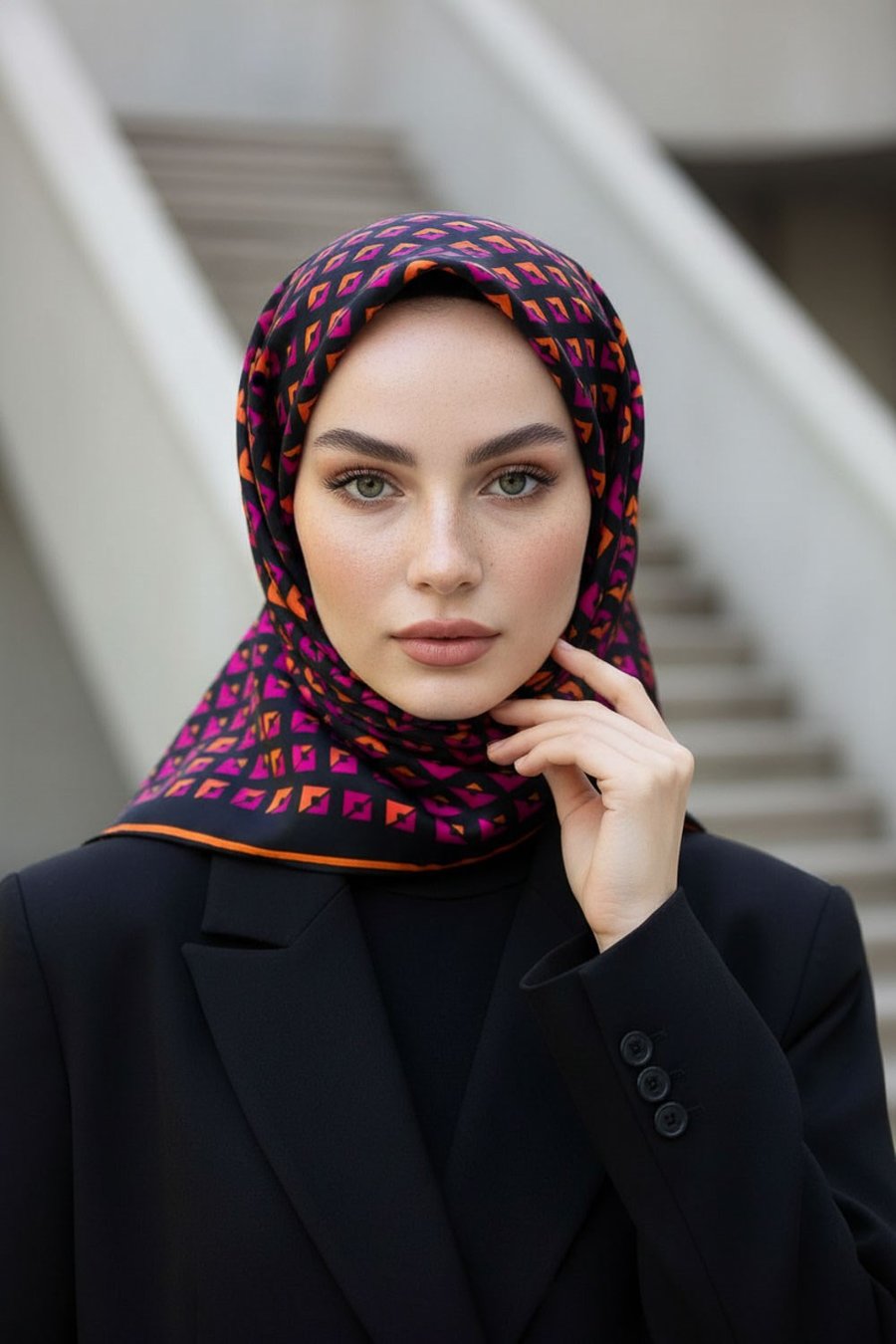 %100 Twill İpek Geometrik Desenli Fuşya - Turuncu Renkli 90x90 Eşarp Dikim Şekli : El Dikişi