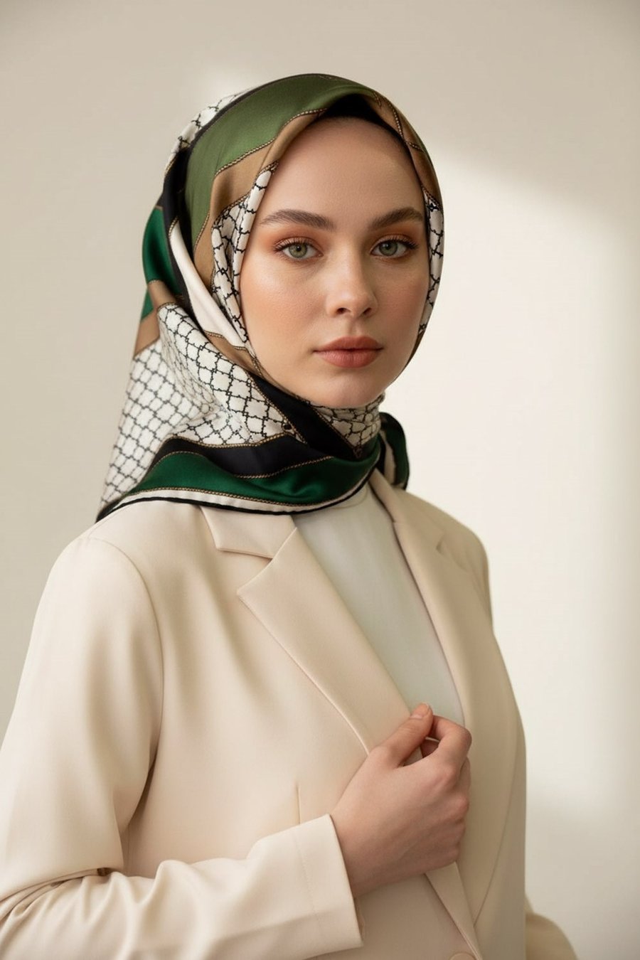%100 Twill İpek Geometrik Desenli Zümrüt Yeşili - Siyah Renkli 90x90 Eşarp Dikim Şekli : El Dikişi