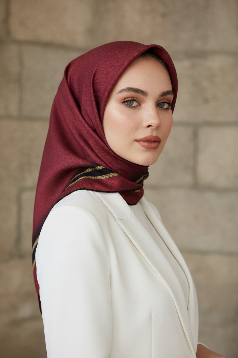% 57 İPEK % 43 VİSKON Twill İpek Dokulu Şerit Desenli Siyah - Bordo Renkli 90x90 Eşarp Dikim Şekli : El Dikişi