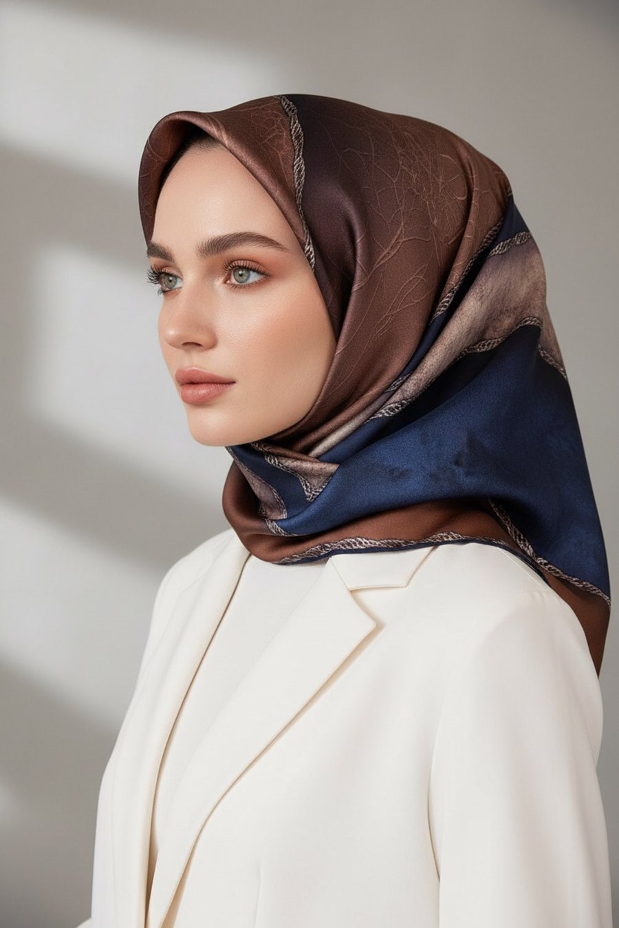 %100 Twill İpek Dokulu Geometrik Desenli Kahverengi - Lacivert Renkli 90x90 Eşarp Dikim Şekli : El Dikişi