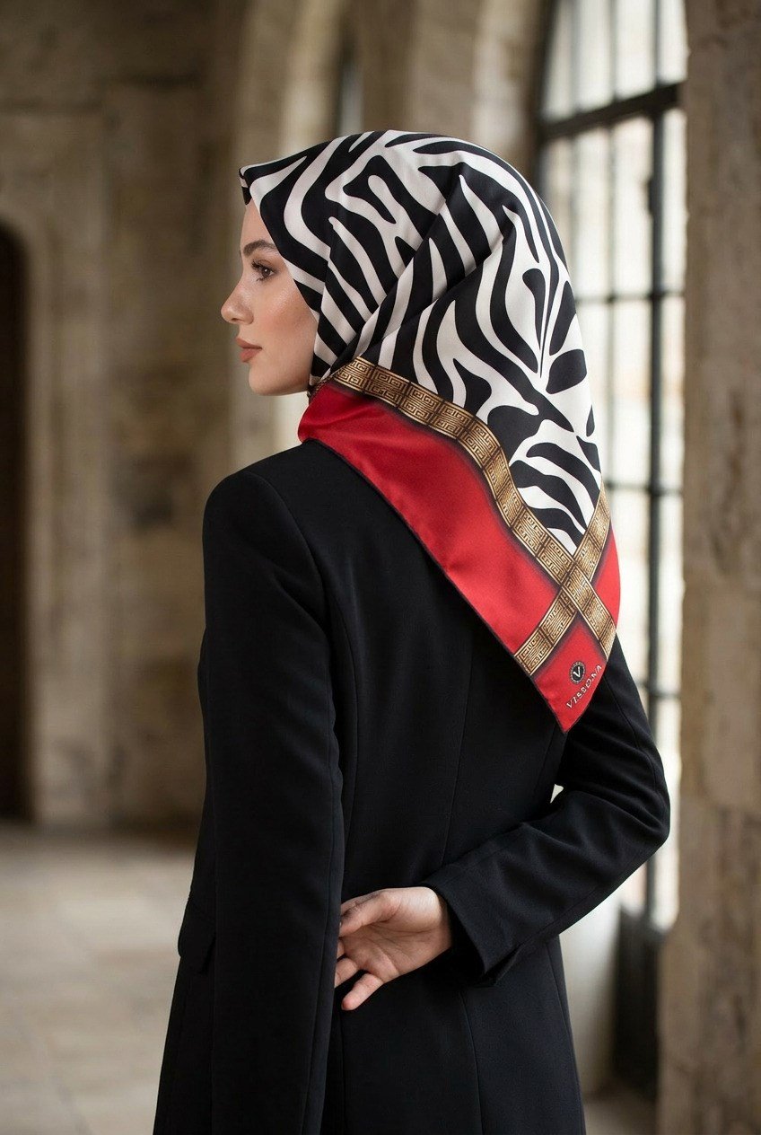 % 57 İPEK % 43 VİSKON Twill İpek Zebra Desenli Kırmızı - Siyah Renkli 90x90 Eşarp Dikim Şekli : El Dikişi