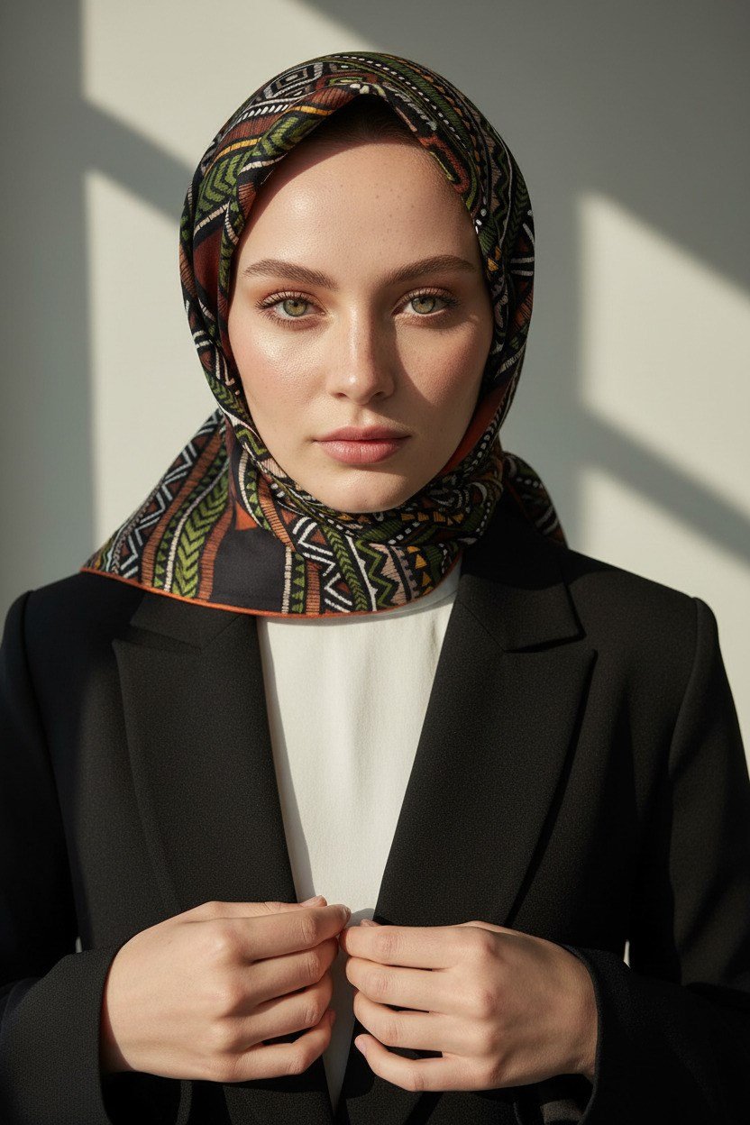 %100 Twill İpek Etnik Desenli Taba - Haki Renkli 90x90 Eşarp Dikim Şekli : El Dikişi