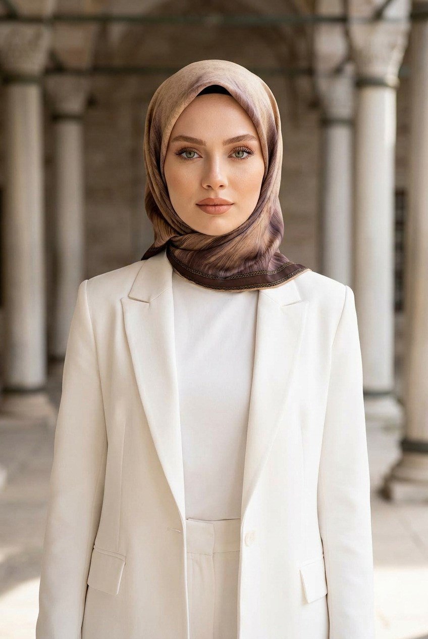 100% Twill İpek Monogram Desenli Bej Renkli 90x90 Dikim Şekli : El Dikişi Eşarp