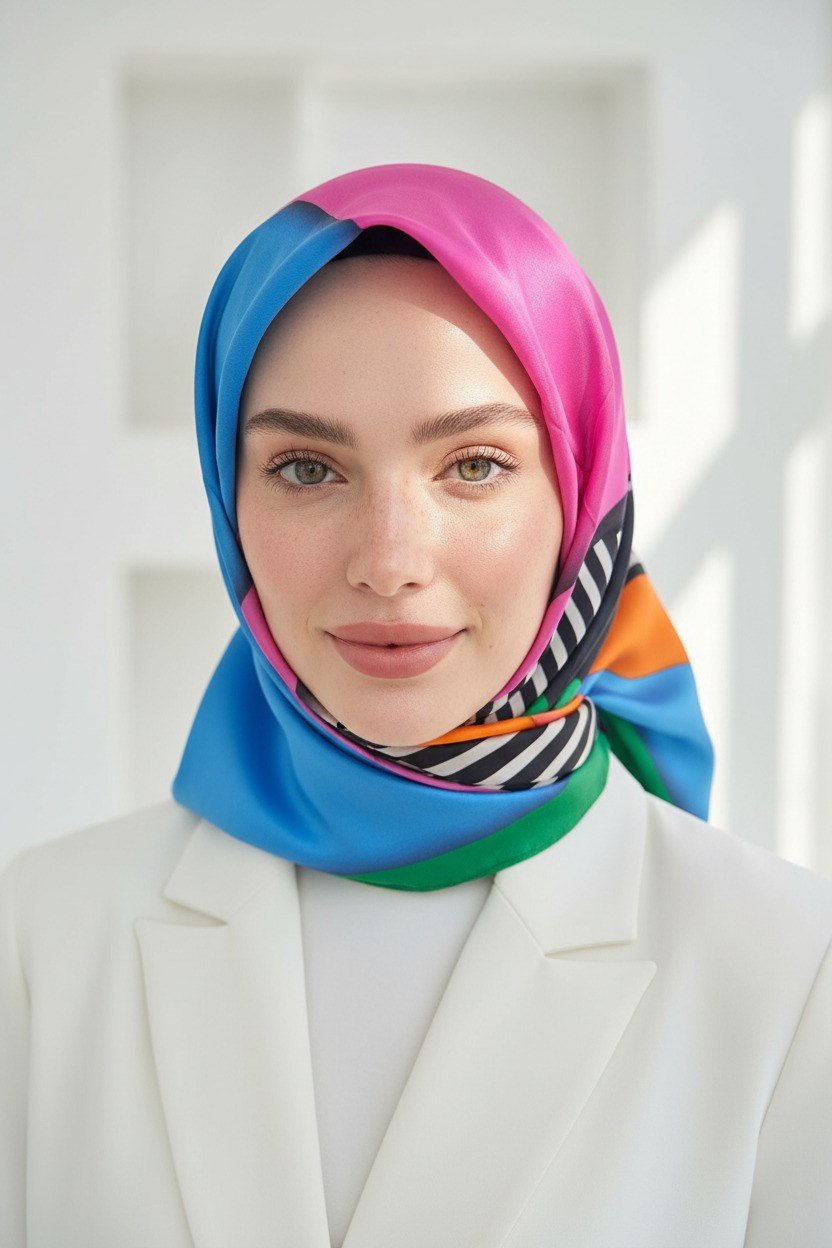 %100 Twill Renk Bloklu Çizgili Desenli Bebe Mavisi - Pembe Renkli 90x90 Eşarp Dikim Şekli: El Dikişii