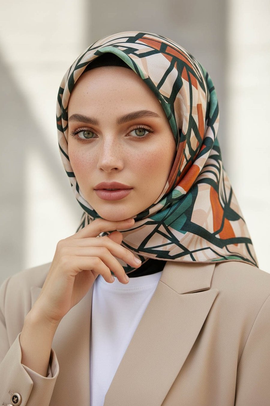 %100 Twill Renkli Petek Desenli Hardal - Petrol Yeşili Renkli 90x90 Eşarp Dikim Şekli: El Dikişii