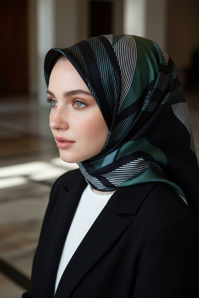 %100 Twill İpek Geometrik Desenli Zümrüt Yeşili - Siyah Renkli 90x90 Eşarp Dikim Şekli : El Dikişi