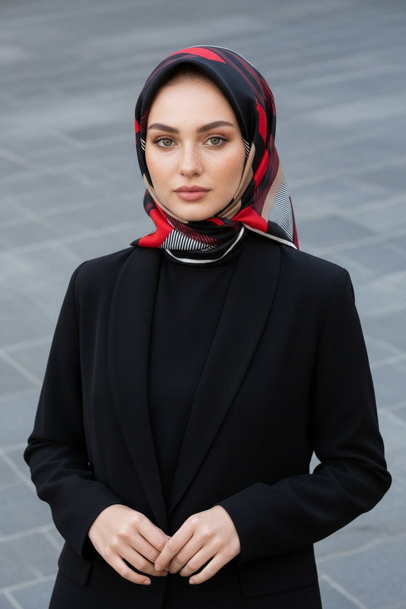 % 57 İPEK % 43 VİSKON Twill İpek Geometrik Desenli Bordo - Siyah Renkli 90x90 Eşarp Dikim Şekli : El Dikişi