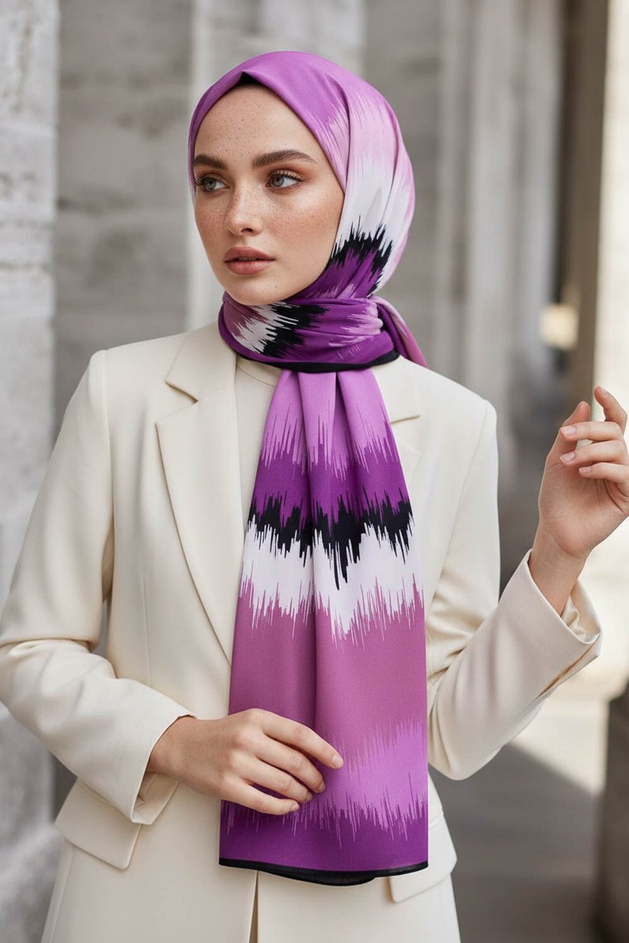 KREP FREKANS DESENLİ MOR RENKLİ 75X195 KIRIŞMAZ ŞAL