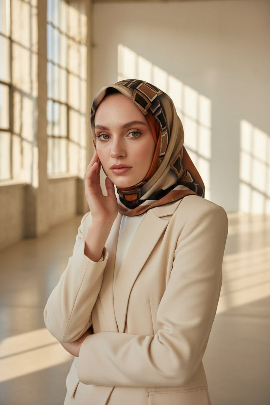 %100 Twill İpek Geometrik Desenli Taba - Krem Renkli 90x90 Eşarp Dikim Şekli : El Dikişi