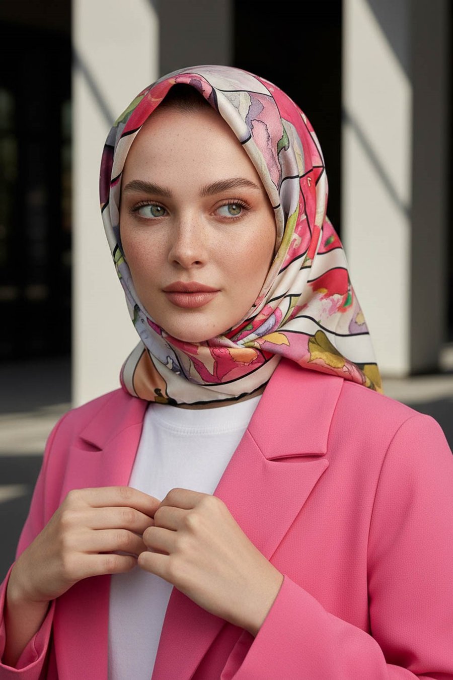 %100 Twill İpek Bahar Çiçekleri Desenli Gri - Kırmızı Renkli 90x90 Eşarp Kenar Dikiş Şekli El Dikişli