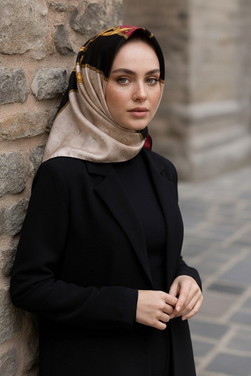 %100 Twill İpek Monogram Ve Barok Desenli Krem - Bordo Renkli 90x90 Eşarp Dikim Şekli : El Dikişi