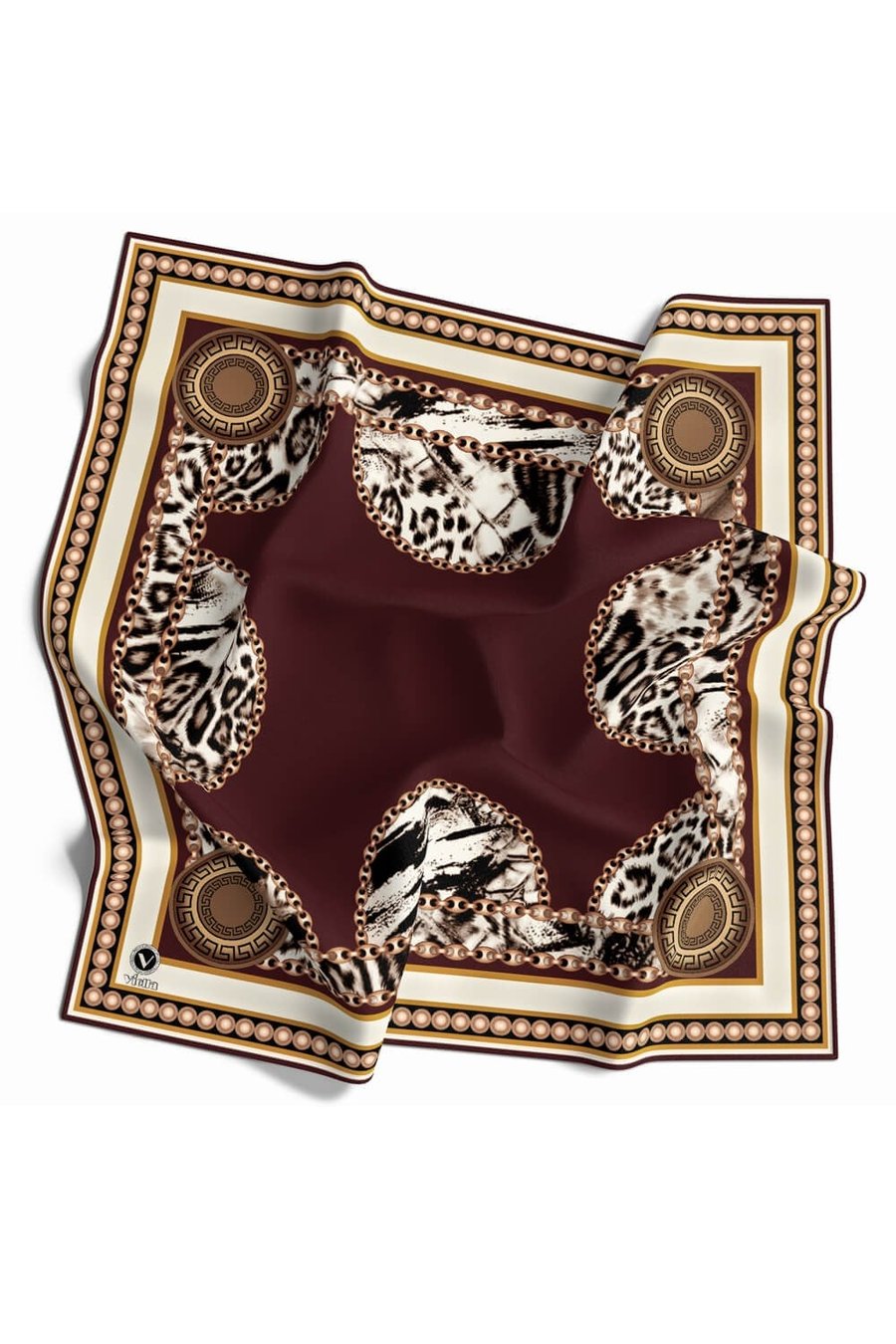 Kristal  Zincirli Leopar Desenli Bordo Renkli 90x90 Eşarp (İpek İçermez) Kenar Dikiş Şekli El Dikişli