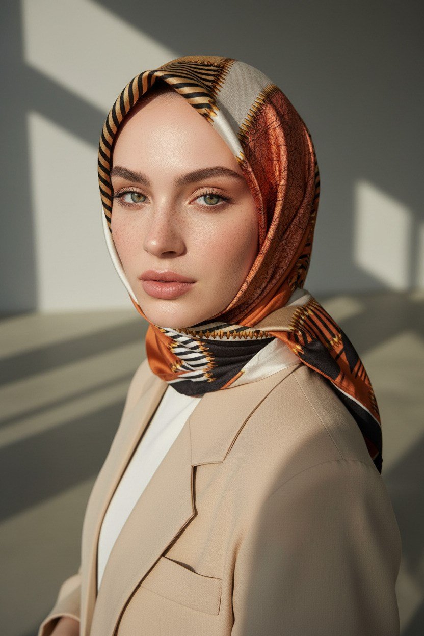 % 57 İPEK % 43 VİSKON Twill İpek Geometrik Desenli Taba - Siyah Renkli 90x90 Eşarp Dikim Şekli : El Dikişi