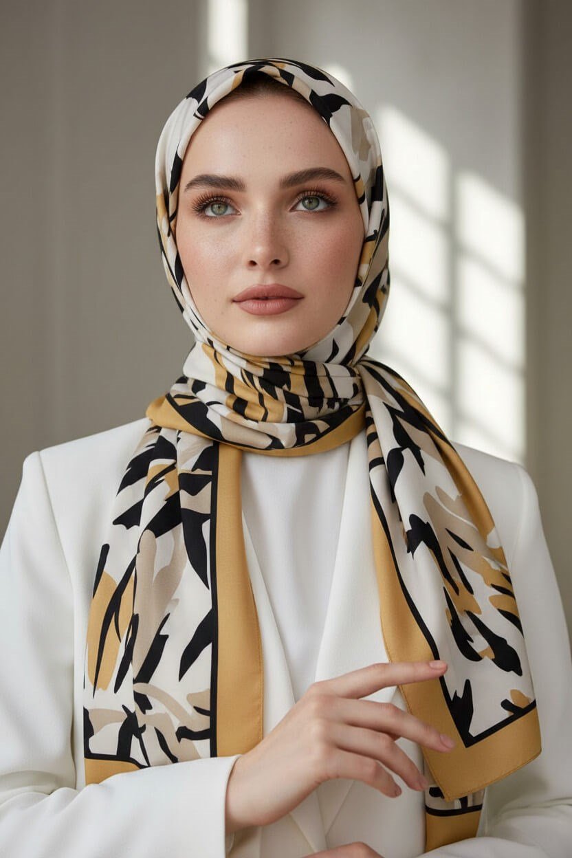 KREP YAPRAK DESENLİ HARDAL RENKLİ 75X195 KIRIŞMAZ ŞAL