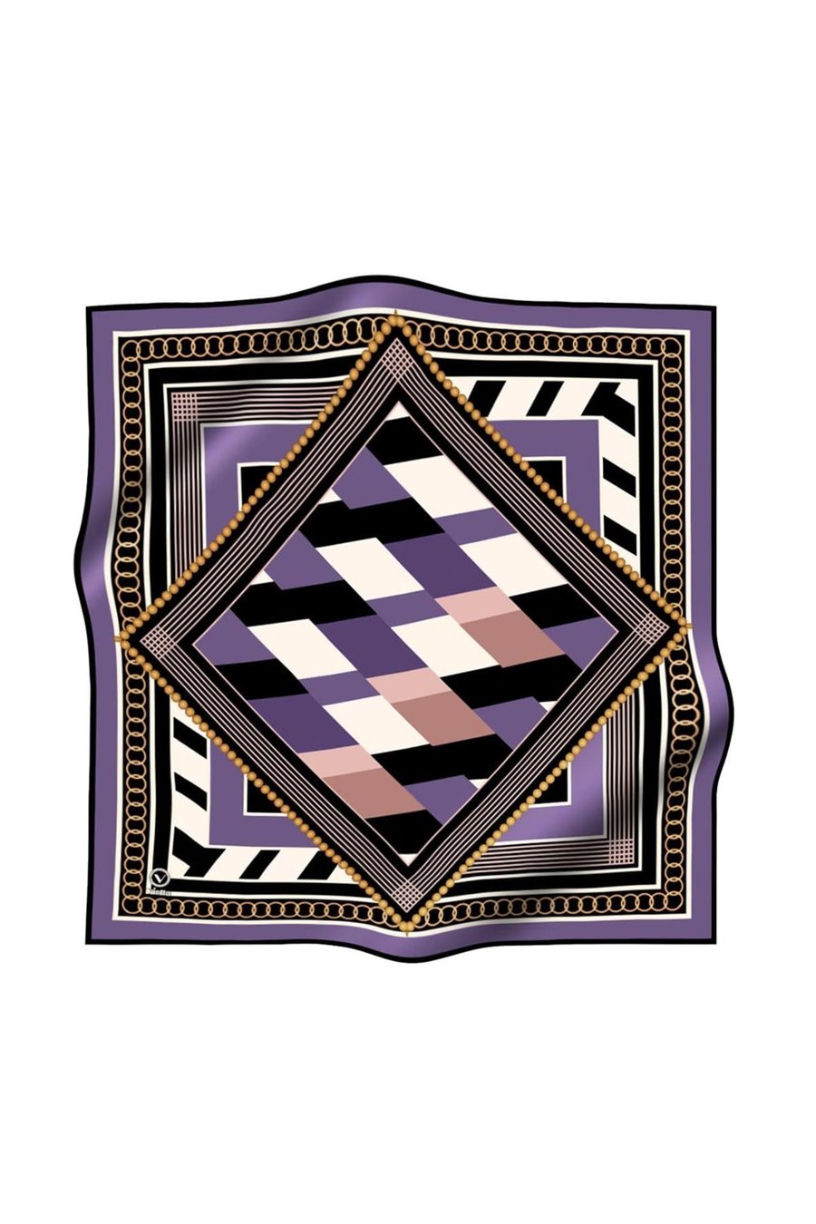 Soft Geometrik Desenli Lila Renkli 90x90 Eşarp (İpek İçermez) Kenar Dikiş Şekli El Dikişli