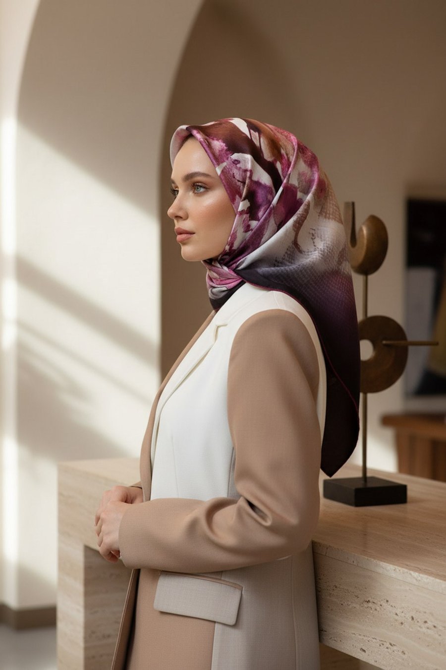 %100 Twill İpek Suluboya Çiçek Desenli Gül Kurusu Renkli 90x90 Eşarp Dikim Şekli : El Dikişi