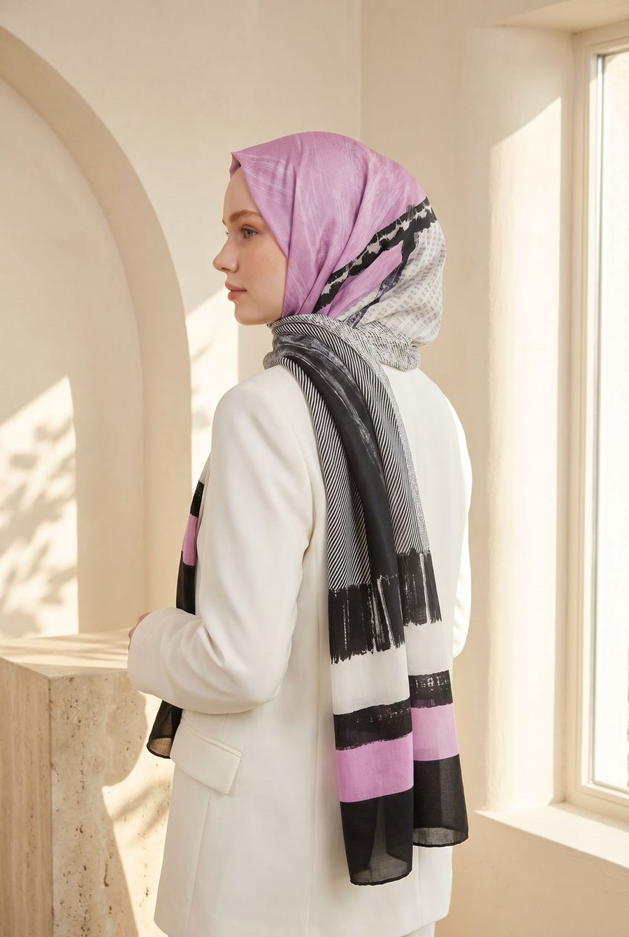%100 Saf İpek Şal İnce Saten Vual Dokuma Patchwork Desenli Siyah - Pembe Renkli 90x210 Şal