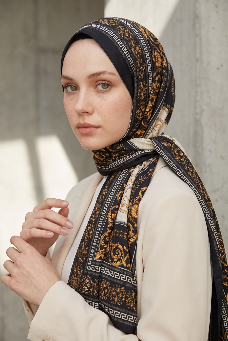 KREP BAROK DESENLİ SİYAH RENKLİ 75X195 KIRIŞMAZ ŞAL