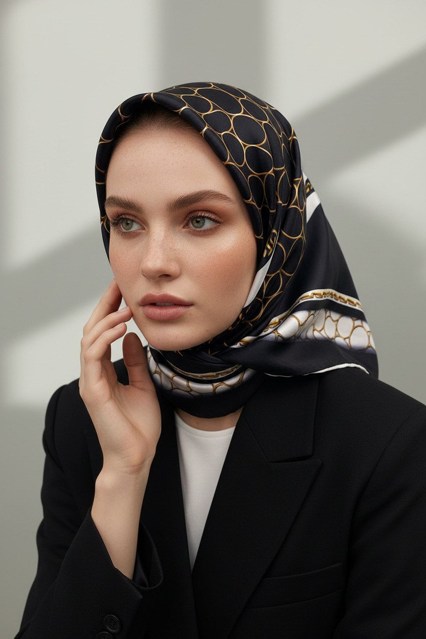 %100 Twill İpek Gold Halka Desenli Siyah - Krem Renkli 90x90 Eşarp Dikim Şekli : El Dikişi