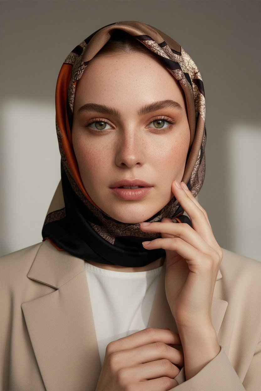 % 57 İPEK % 43 VİSKON Twill İpek Gold Efektli Geometrik Desenli Siyah - Taba Renkli 90x90 Eşarp Dikim Şekli : El Dikişi