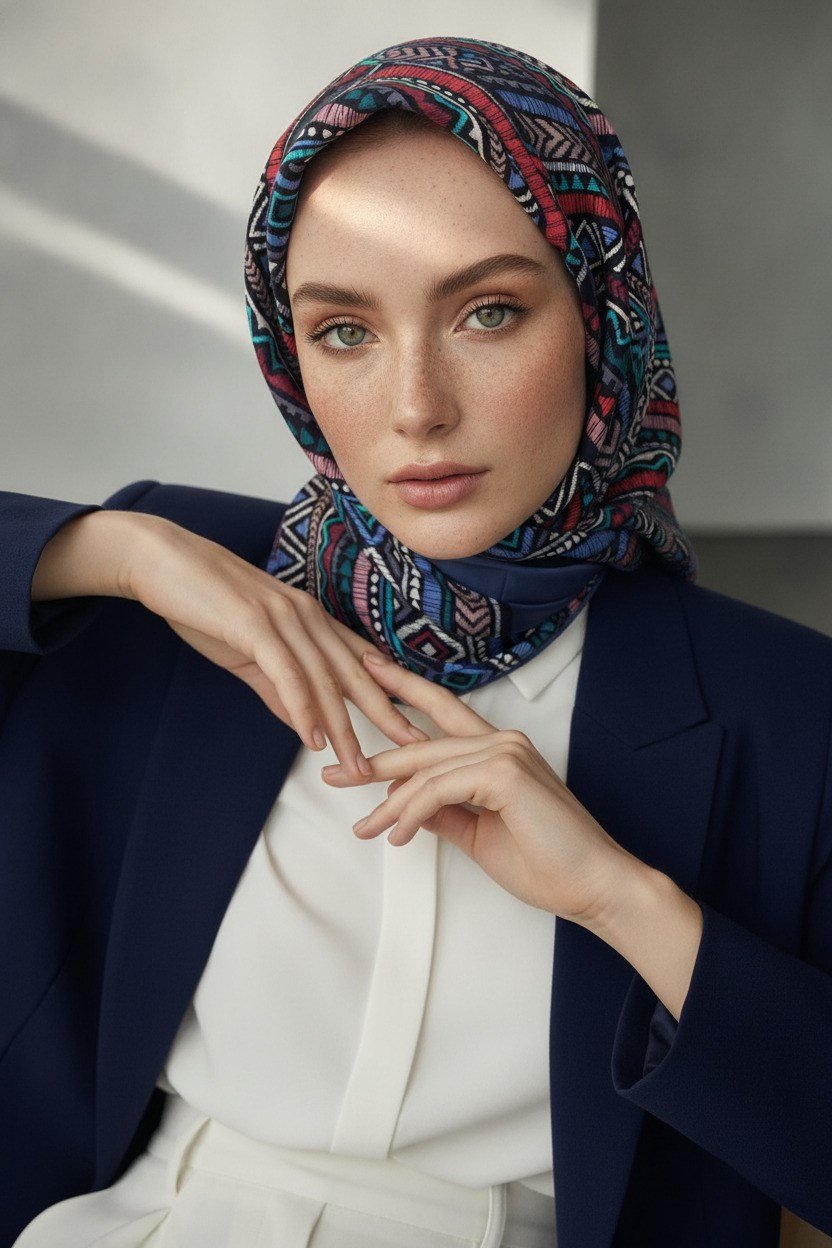 %100 Twill İpek Etnik Desenli İndigo - Bordo Renkli 90x90 Eşarp Dikim Şekli : El Dikişi
