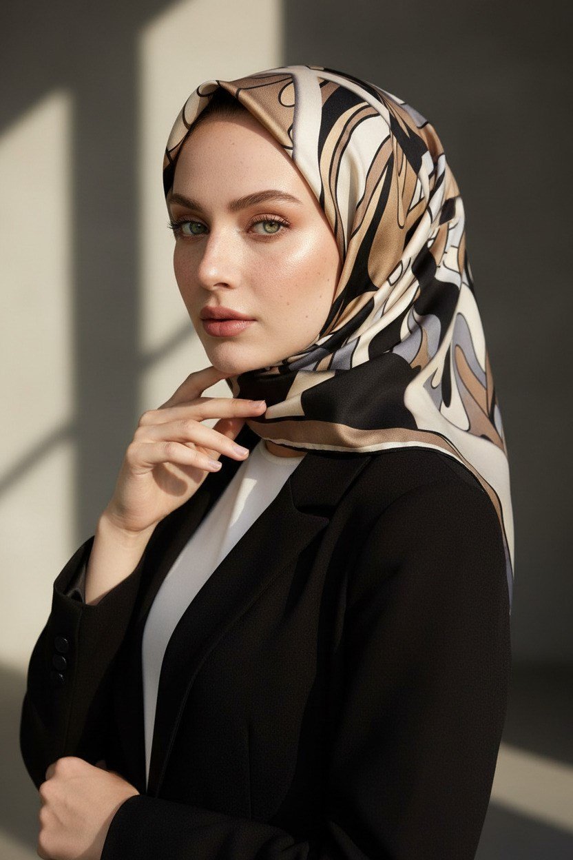 % 57 İPEK % 43 VİSKON Twill İpek Geometrik Desenli Bej - Gri Renkli 90x90 Dikim Şekli : El Dikişi Eşarp