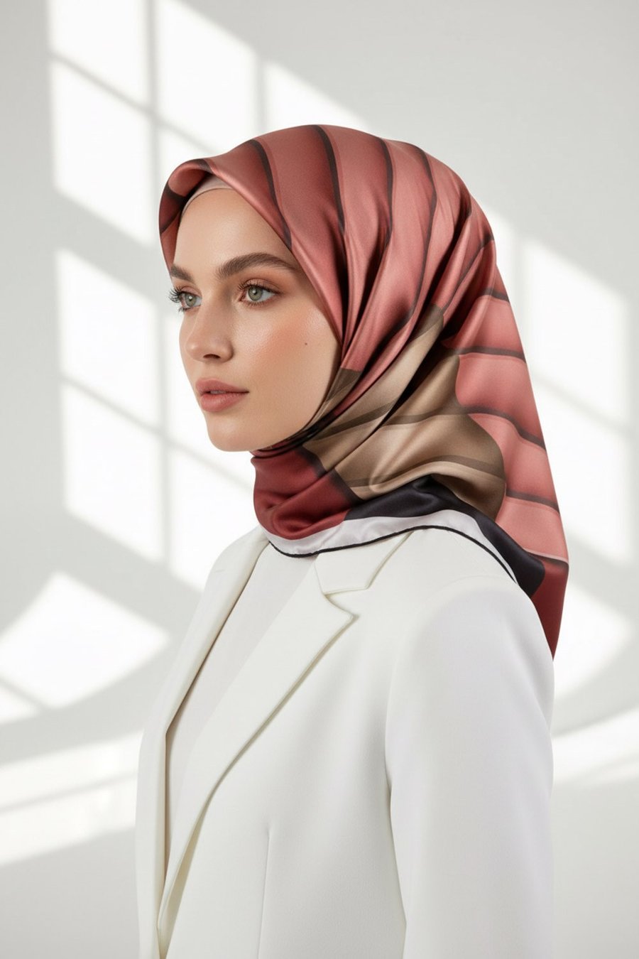 Rayon Zikzak Çizgi Desenli Gül Kurusu Renkli 90x90 Eşarp (İpek İçermez) Dikim Şekli : El Dikişi