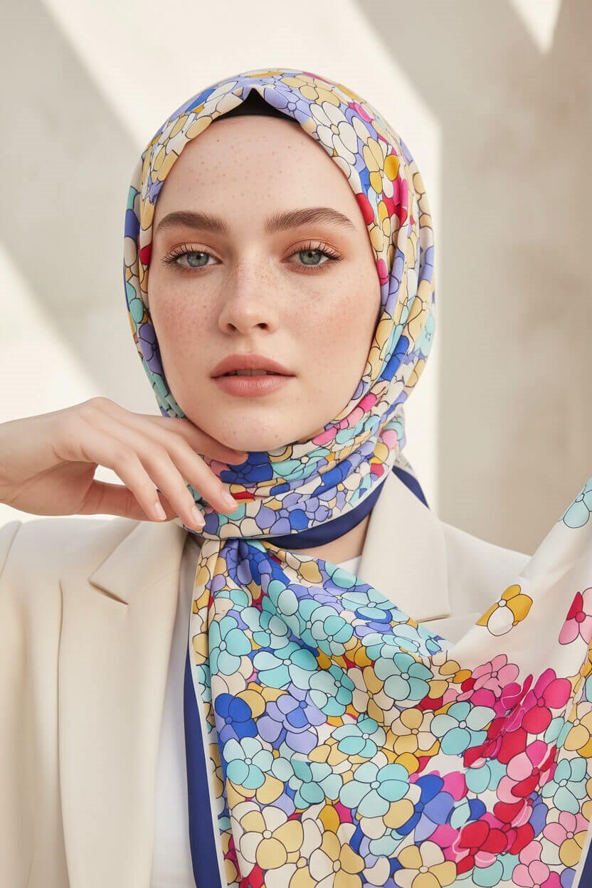 Krep Şal 75x195 Lacivert Yonca Desenli Kırışmaz Kadın Şal