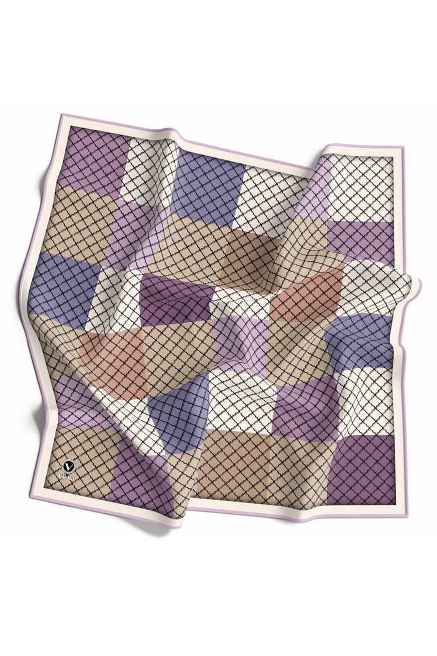 Twill Kare Desenli Lila Renkli 90x90 Eşarp (İpek İçermez) Kenar Dikiş Şekli El Dikişli