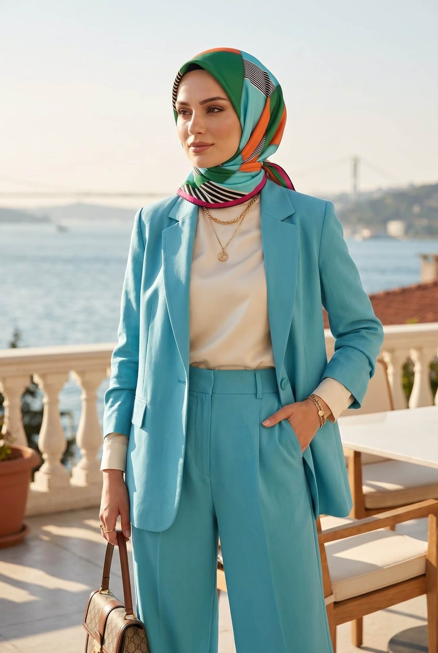 %100 Twill İpek Çizgili ve Geometrik Desenli Zümrüt Yeşili - Fuşya Renkli 90x90 Eşarp Dikim Şekli : El Dikişi