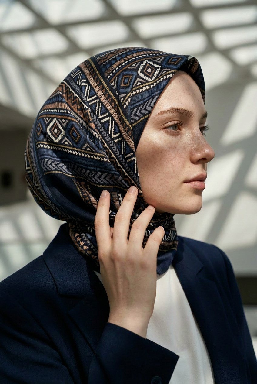 %100 Twill İpek Etnik Desenli İndigo - Lacivert Renkli 90x90 Eşarp Dikim Şekli : El Dikişi