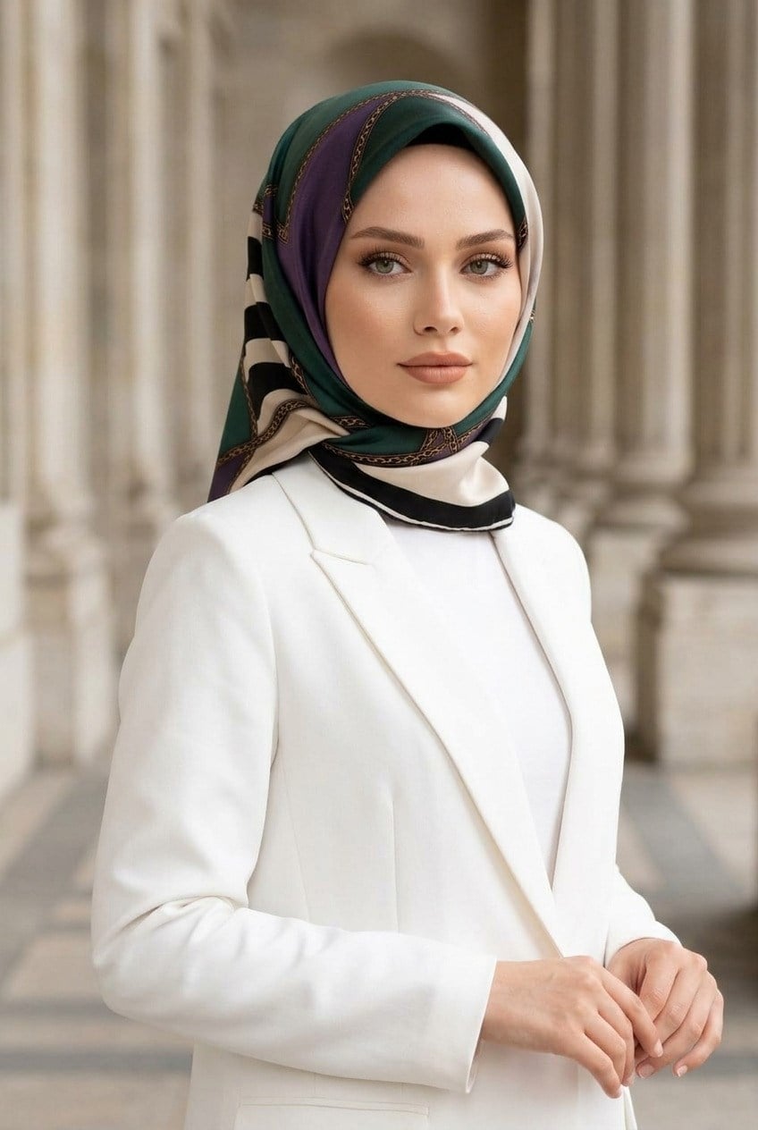 %100 Twill İpek Geometrik Desenli Lila - Petrol Yeşili Renkli 90x90 Eşarp Dikim Şekli : El Dikişi