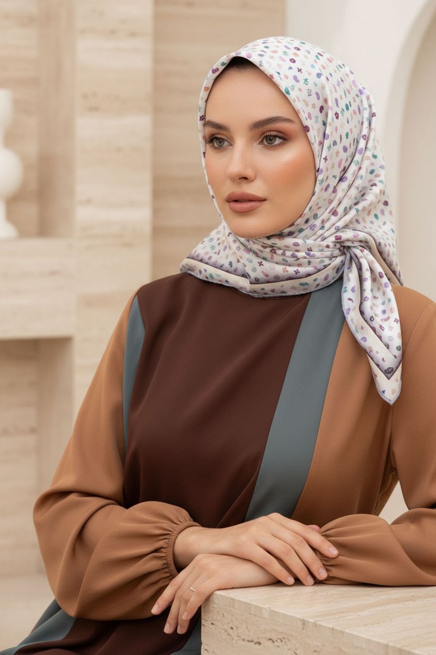 %100 Twill İpek Çıtır Desenli Gümüş - Gri Renkli 90x90 Eşarp Dikim Şekli : El Dikişi