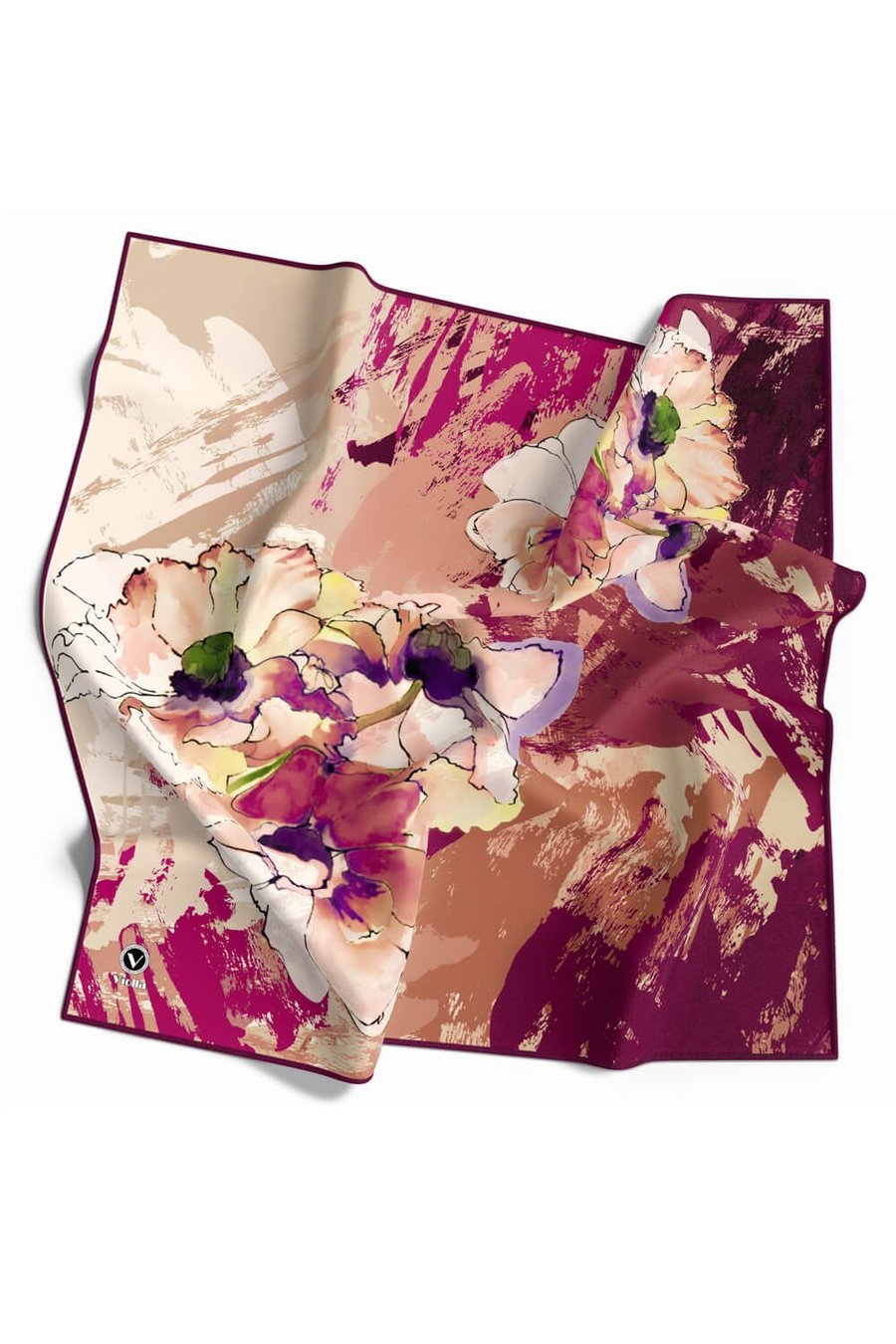 Twill Çiçek Desenli Mürdüm Renkli 90x90 Eşarp (İpek İçermez) Dikim Şekli : El Dikişi