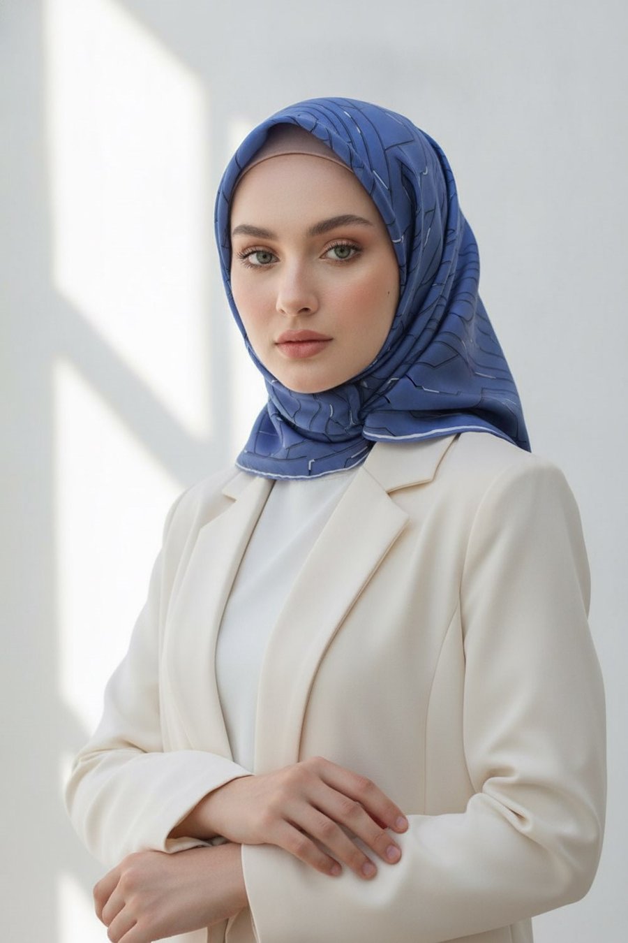 %100 Twill İpek Geometrik Desenli İndigo Renkli 90x90 Eşarp Dikim Şekli : El Dikişi