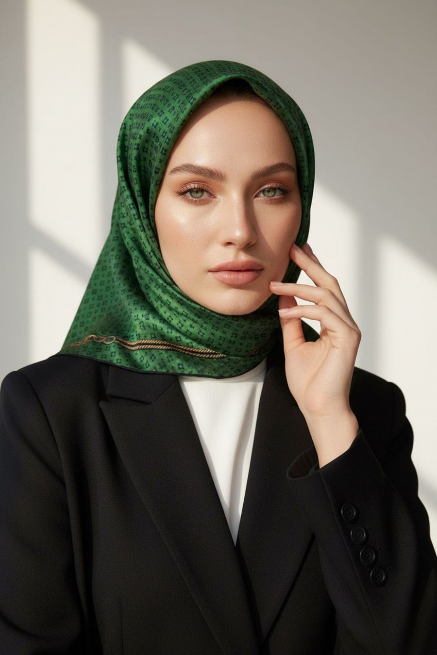 %100 Twill İpek Zincir Desenli Zümrüt Yeşili - Siyah Renkli 90x90 Eşarp Dikim Şekli : El Dikişi