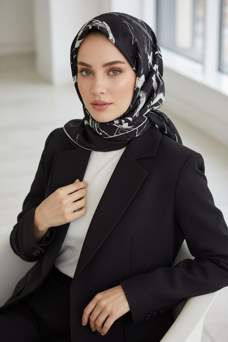 %100 Twill İpek Geometrik Desenli Siyah - Krem Renkli 90x90 Eşarp Dikim Şekli : El Dikişi