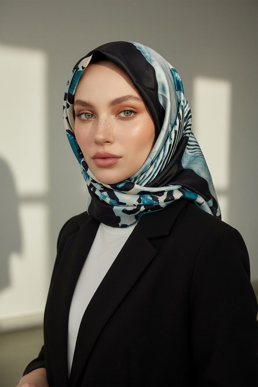 %100 Twill İpek Leopar Ve Geometrik Desenli Petrol Mavisi Renkli 90x90 Eşarp Dikim Şekli : El Dikişi